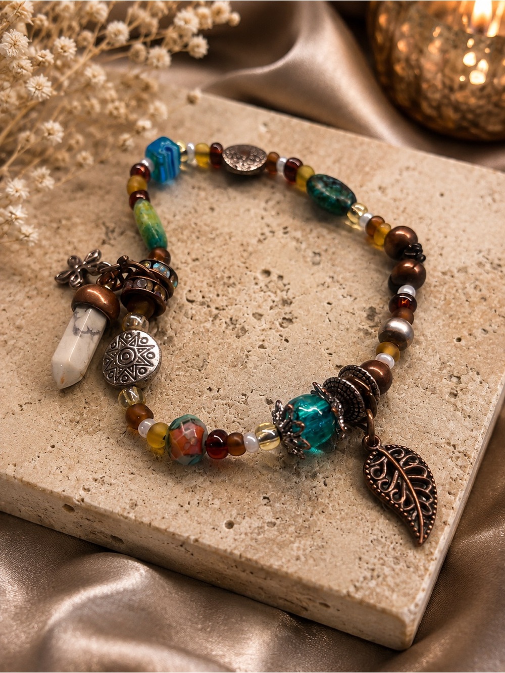 Boho Artisan Mixed Bead Charm Bracelet – Turquoise Glass Stone Copper Tone - Picture 4 of 4